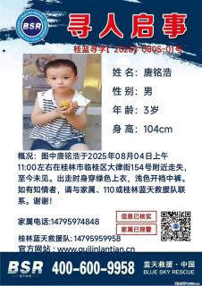 【寻人启事】图中唐铭浩于2025年08月04日上午11:00左右在桂林市临桂区大律街154号附近走失 - 宁波28生活网 nb.28life.net